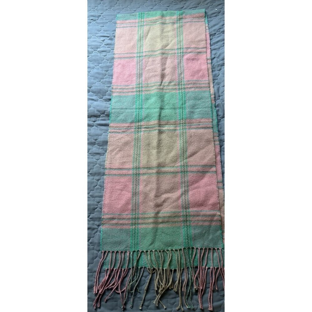 Cashmere Scarf Made In Scotland Green & Pink 68 Inches Long
